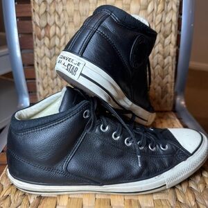 Converse Chuck Sneakers Black Leather Shoes Mens 11 Womens 13 well worn used